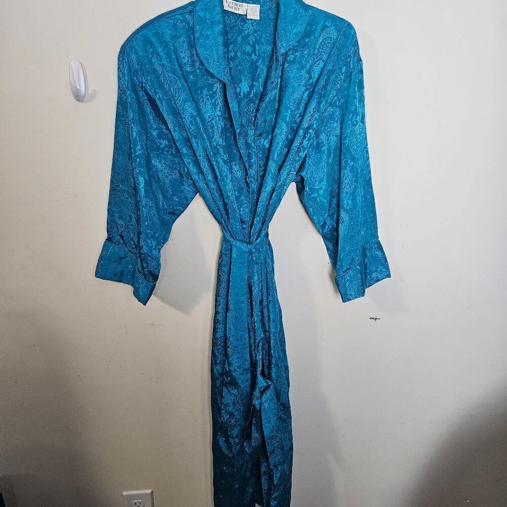 Vintage Victoria's Secret Satin Dressing Robe Shoulder Pads Women's Blue Size Pe